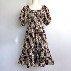 Ulla Johnson Juniper Dress 4 Cream Brown Purple Print Puff Sleeve Cotton Tiered